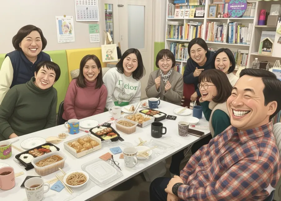 테이블에 둘러앉아 웃고 있는 사람들