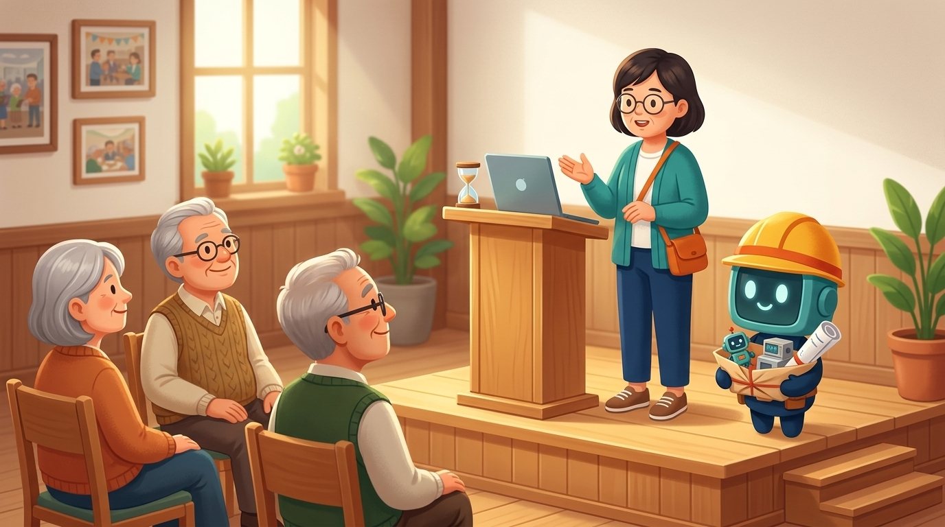 작품 꾸러미 들고 무대로 장면